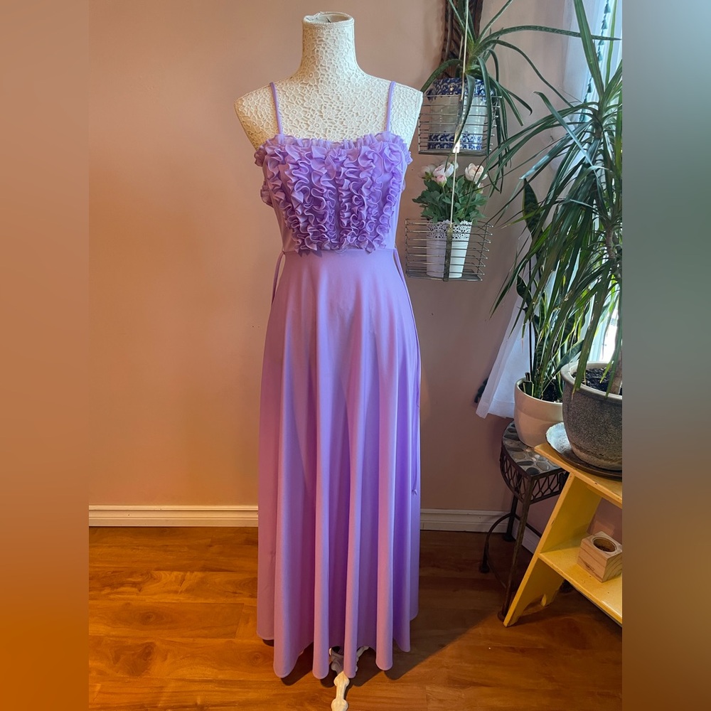 Vintage 70s Pastel Purple Ruffle Spaghetti Strap Formal Maxi Dress Gown XXS/XS - Picture 5 of 9